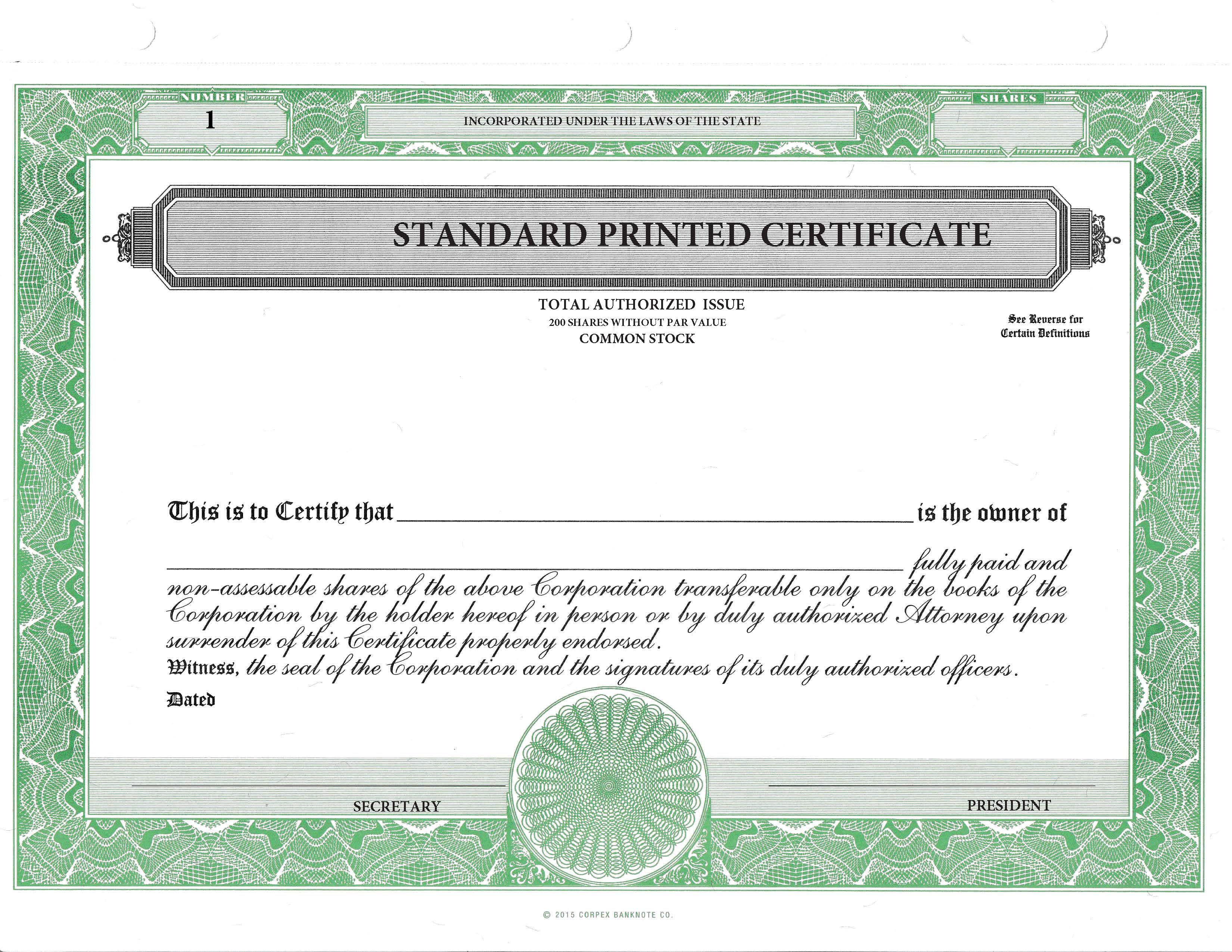 Corpex Printed Standard Certificates